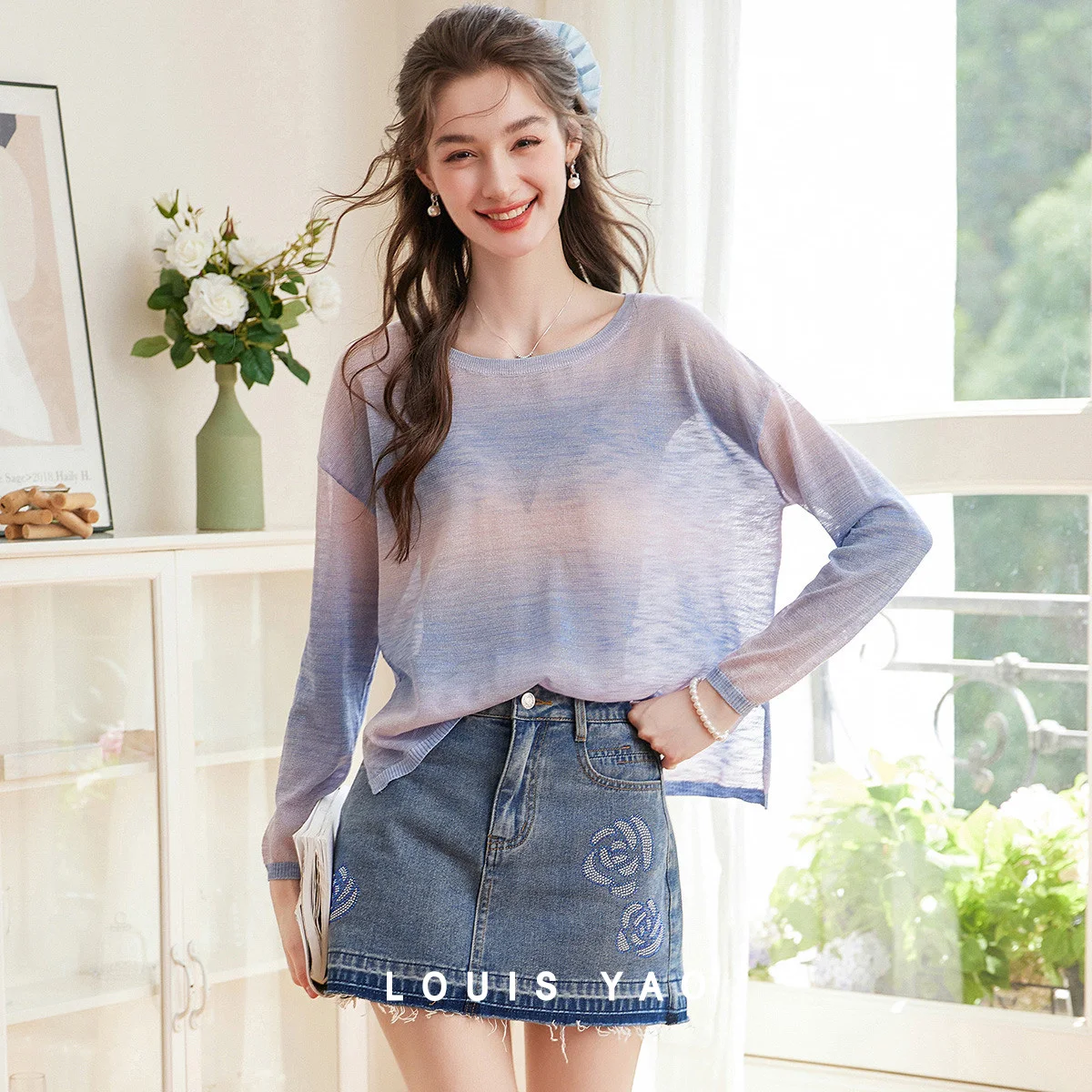 

LOUIS YAO Sweet Soft Gradient Color Knitted Long-Sleeve 2025 Autumn Slightly Stretchy Round-Neck Pullover Women's Knitwear
