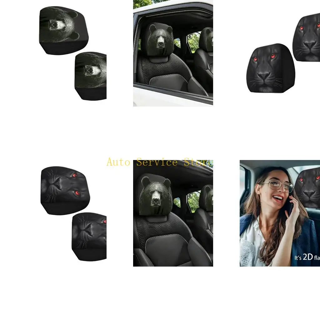 462A Twin Auto Headrest Protectors Bear/ Pattern Polyester Headrest Covers Set