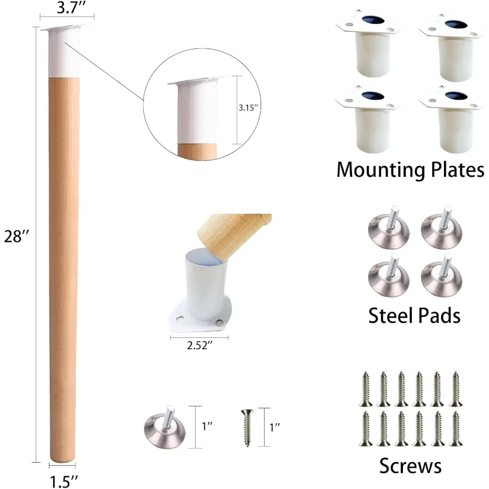Nogi meblowe z wysokiej jakości drewna o długości 28 cali zapewniają trwałą i stylową podparcie.