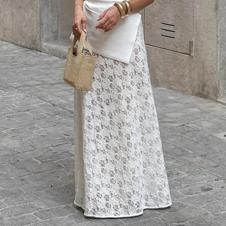 

White Jacquard Autumn Women's Skirt Lace High Waist Spliced Floor Length Mermaid Skirt For Female Korean-style Chic Lady Skirt