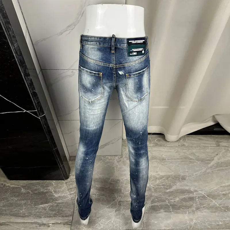 Designer europei e americani moda di strada jeans dipinti blu da uomo jeans slim fit elastici retrò di alta qualità hip-hop da uomo