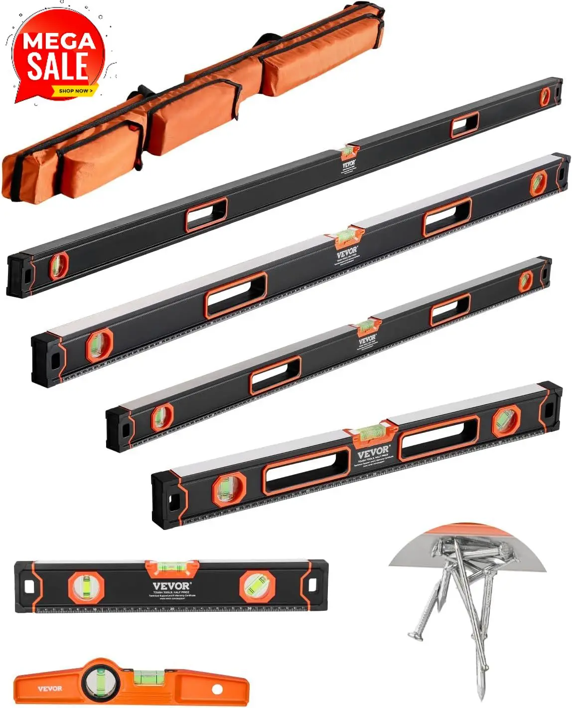 6-Piece Torpedo Level, 78/48/32/24/16/10 Inch All Magnetic Levels Set, Bubble Vials Ruler for 45/90/180 Degree, Aluminum Alloy M
