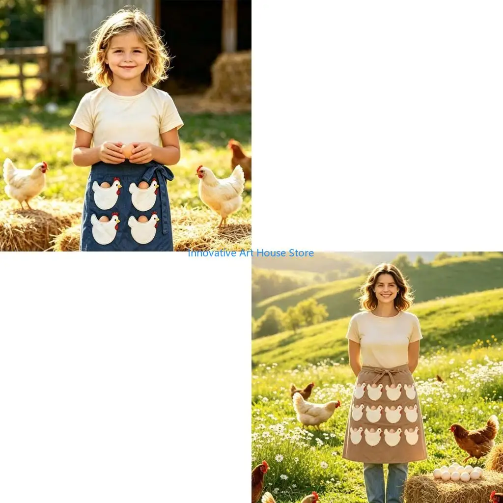 E1PC Backyard Task Eggs Apron with 12 Front Compartments, Waist Tie Wear and Utility Storage for Gathering Rounds and Yard Use