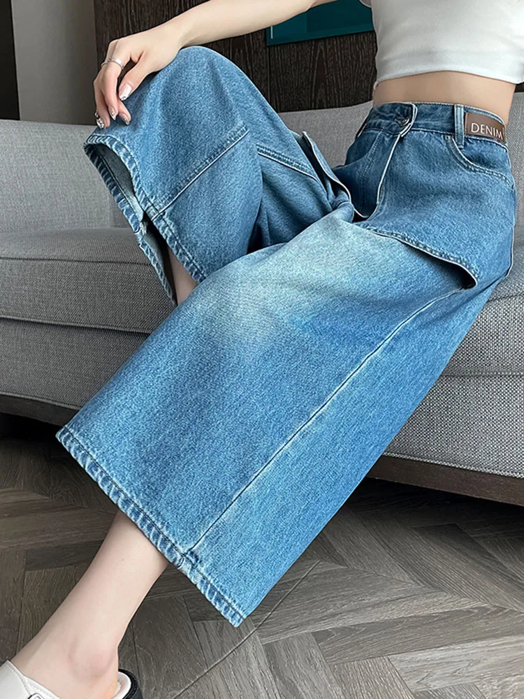 パッチワークふくらはぎ丈ワイドレッグジーンズファッションスプライシングハイウエストデニムパンツ女性のカジュアルストリートストレートバケロス