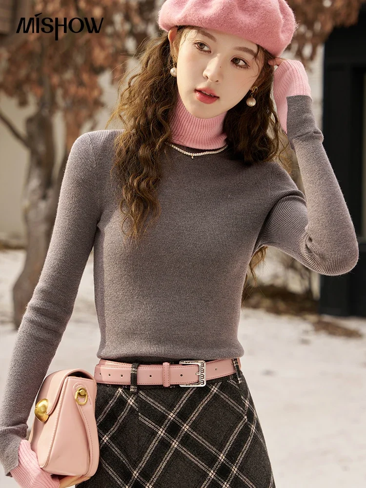 MISHOW Knitwear Women Turtleneck Contrast Sweater Knitted Bottoming Shirt Ladies Winter Slim Inner Fake Two Piece Top MXC58Z0474