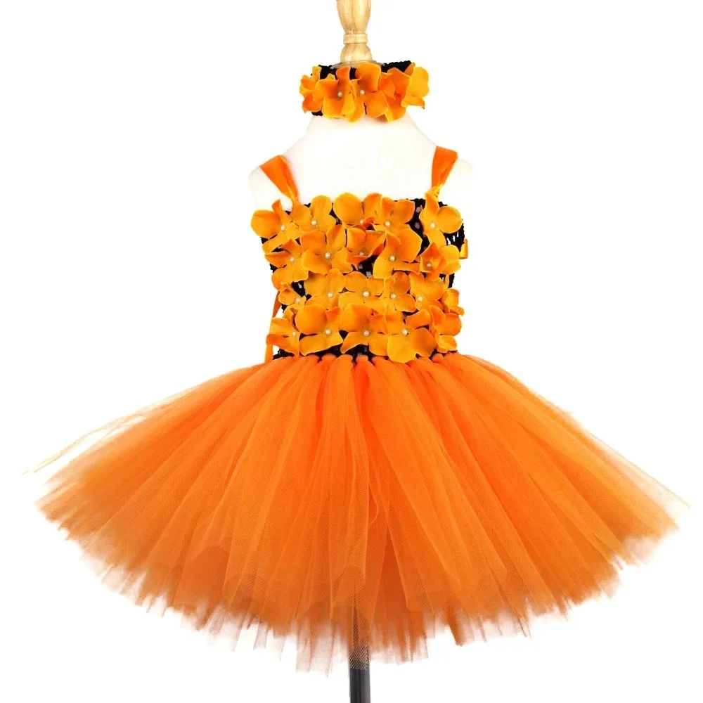 Girls Orange Flower Tutu Dress Kids Fairy Dresses with Hairbow Children Birthday Christmas Party Costumes Photography Clothes