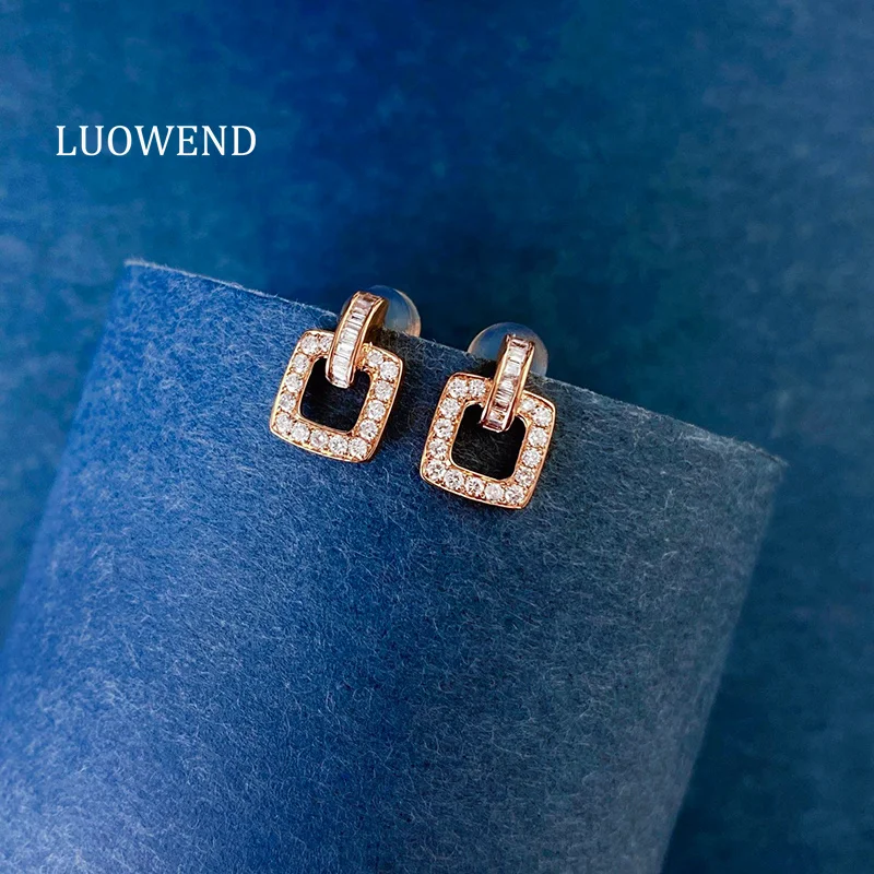 

LUOWEND 100% 18K White/Rose Gold Earrings Fashion Square Shape Real Natural Diamond Stud Earrings for Women Fine Jewelry
