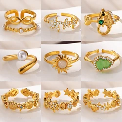 Stainless Steel Opal Sun Rings for Women Gold Color Vintage Imitation Pearl Adjustable Wedding Ring Aesthetic Fashion Jewelry