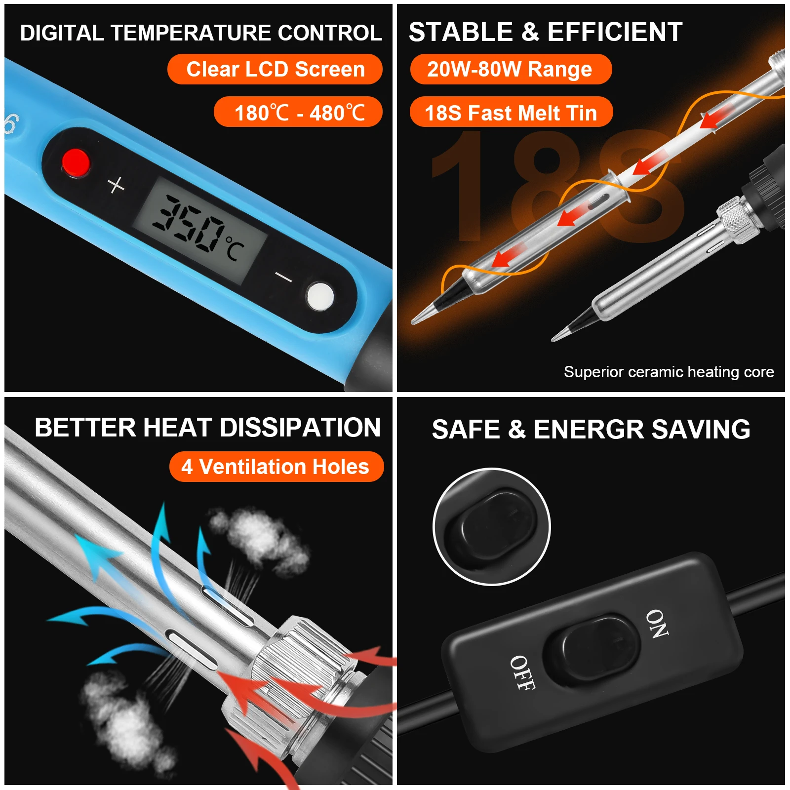 طقم مكواة لحام للإلكترونيات 80 وات LCD أدوات إصلاح لحام درجة الحرارة الرقمية القابلة للتعديل مع مفتاح، نصائح لحام القصدير