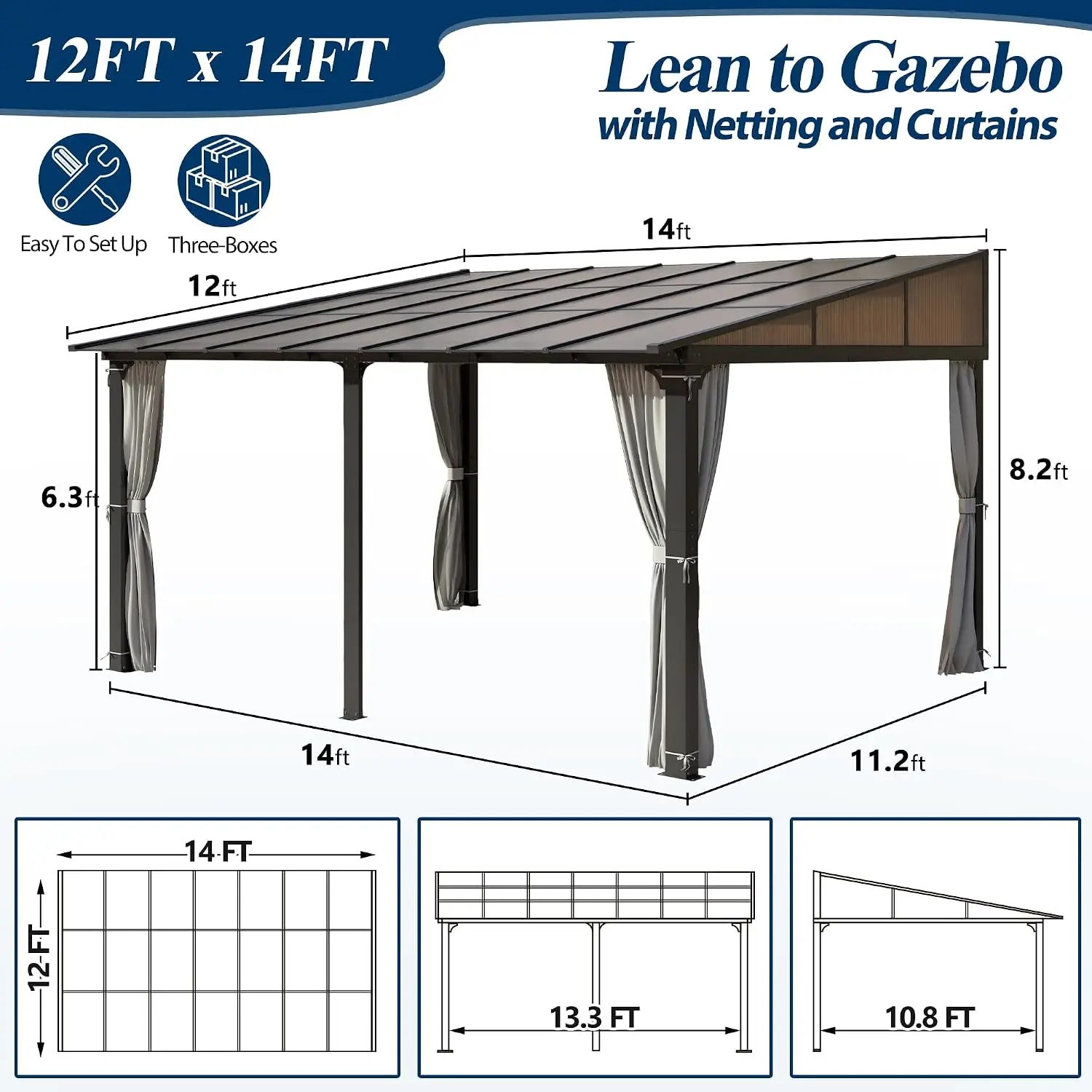 12' X 14' Outdoor Polycarbonate Lean to Gazebo, Wall-Mounted Heavy-Duty Gazebo with Sloped Roof, Outdoor Patio Pavilion, Custom view 2