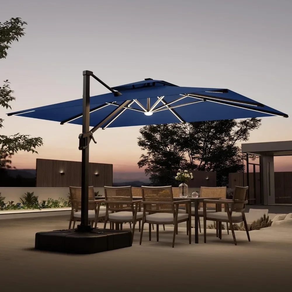 10 FT Cantilever Outdoor Patio Umbrellas with Solar Powered Led Lights,, 360° Rotation Offset Umbrella for Pool Deck Garden