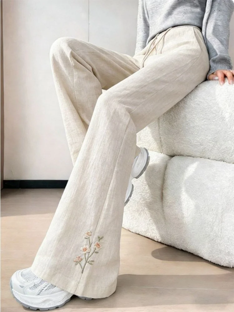 

White High Waist Embroidered Wide Leg Pants Women's Fashion Slimming Drapey Straight Casual Long Trousers Summer New Arrival