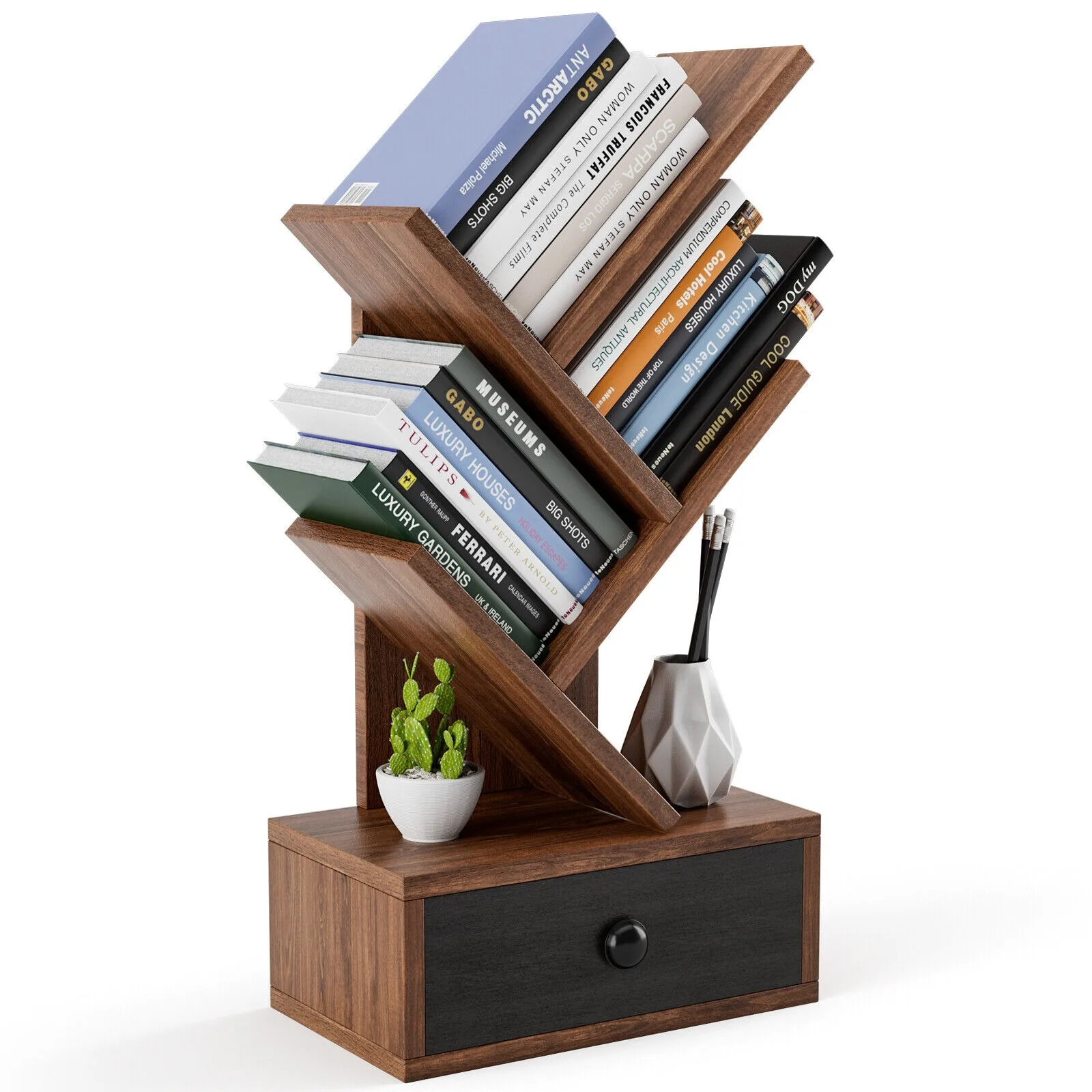 5-Tier Tree Bookshelf w/ Wooden Drawer Display Storage Organizer Rack Brown United States