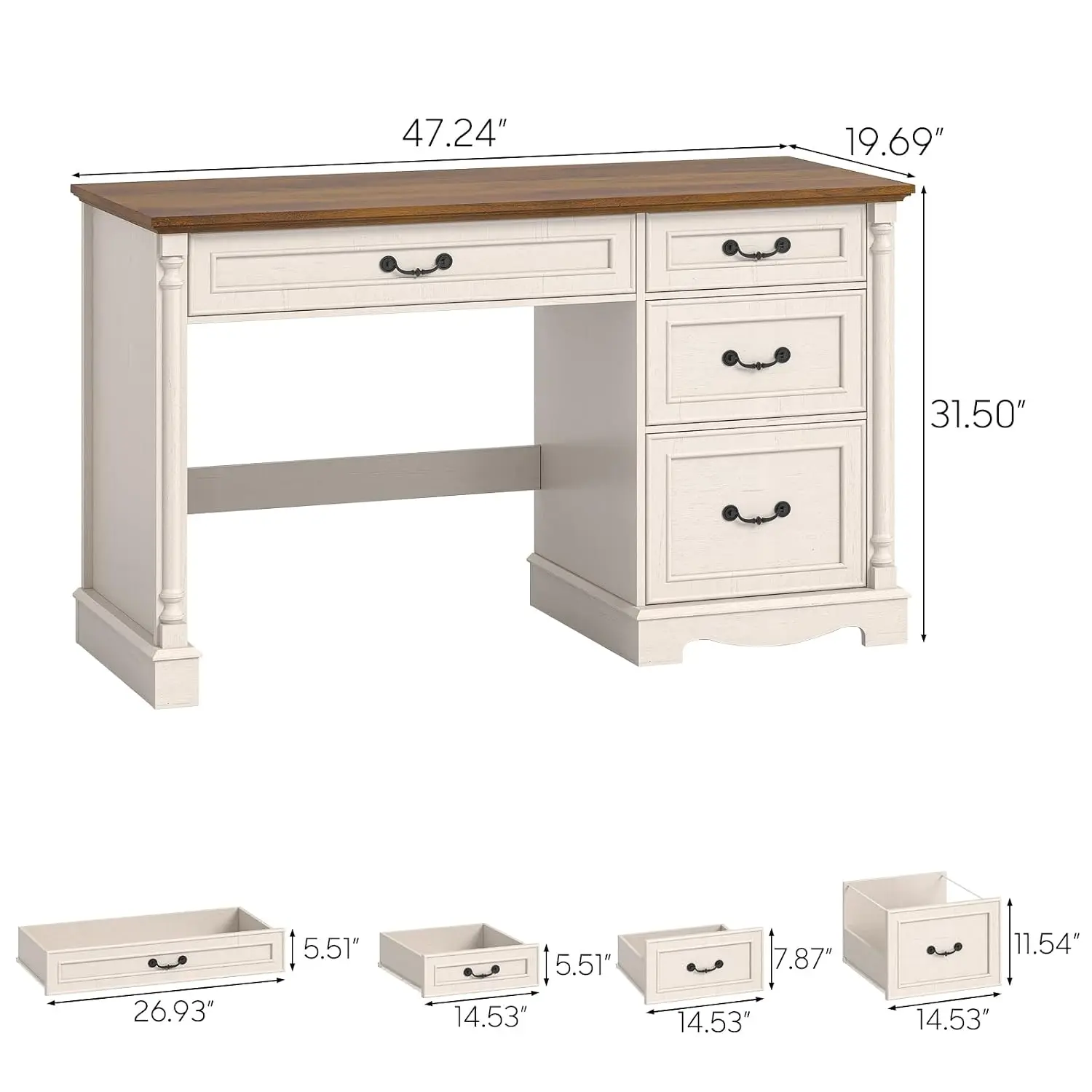 Roman Style Executive Desk with 4 File Drawers & Column Design for Home Office Study Writing 47