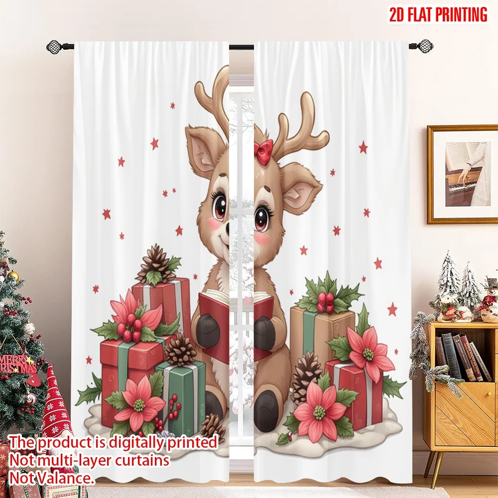 

2pcs 2D flat printing Merry Christmas Drapes Cute Deer Reading Christmas Book Fabric Without Electricity Holiday Decorations Use