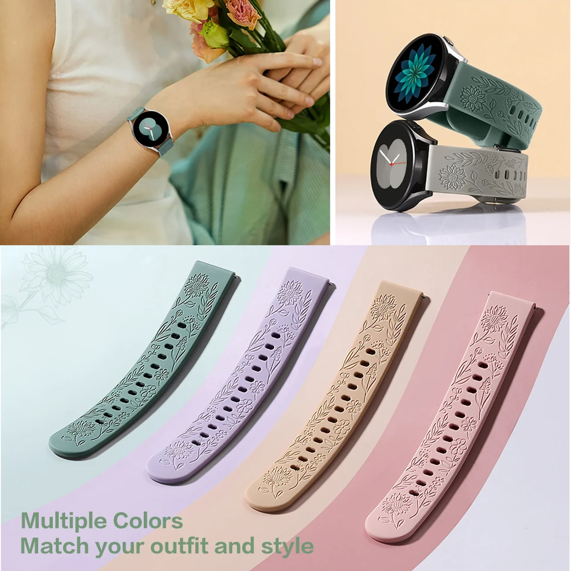 YAYUU Bandas grabadas con girasoles de 20 mm para Samsung Galaxy Watch 5/Watch 4/Watch 6 40 mm 44 mm/Galaxy Watch 5 Pro 45 mm/Galaxy Active 2