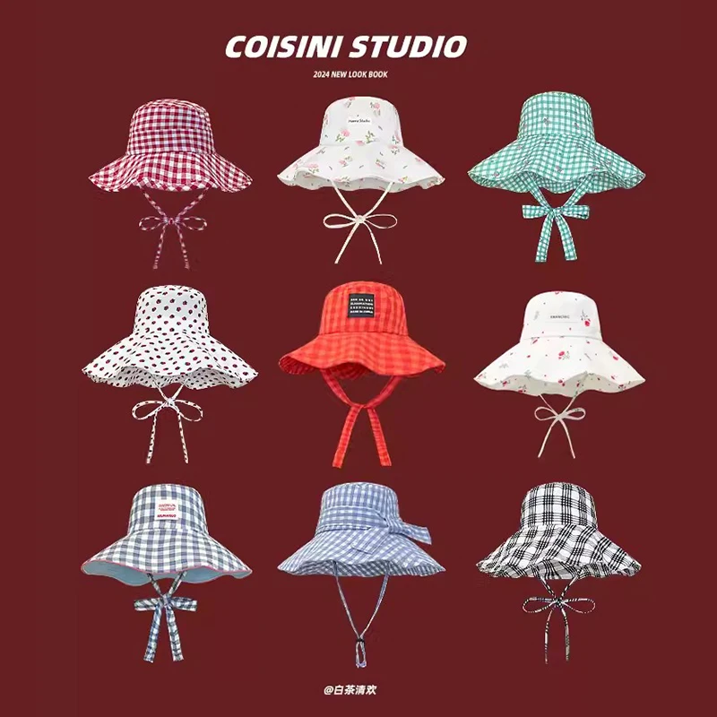 New Contrasting Color Plaid Bucket Hat Spring and Summer Fashion Big Brim Sun Protection Versatile Show Face Small Women\'s Cap