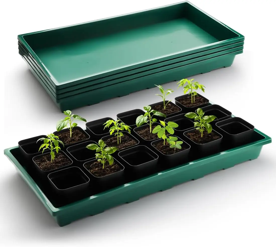 5 Pack 1020 Nursery Seed Starter Trays, Durable Plastic Flat Potting Tray, Green