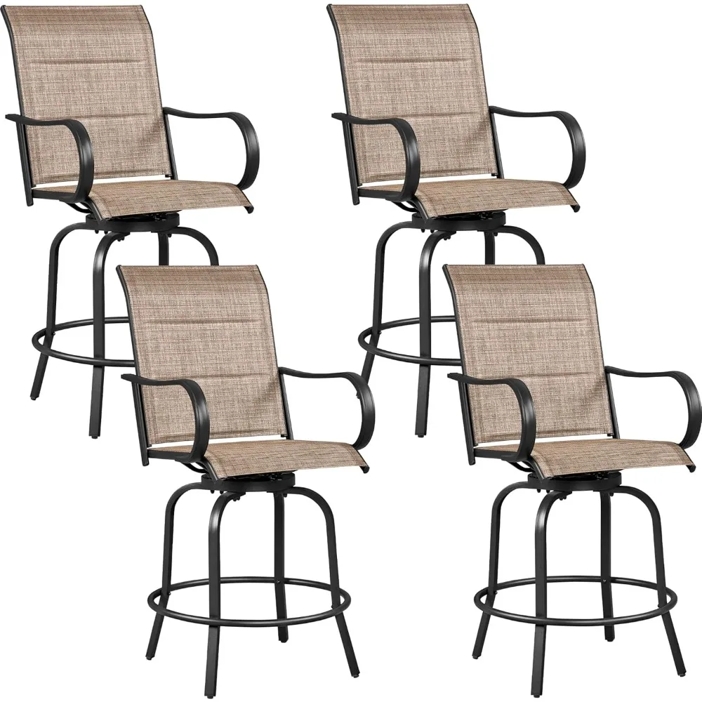 4-teilige drehbare Barhocker für die Terrasse, Texteline-Bistrostühle mit hoher Rückenlehne/Armlehne/Fußstütze, gepolsterte Allwetter-Sitzgelegenheiten für den Außenbereich, Pelz