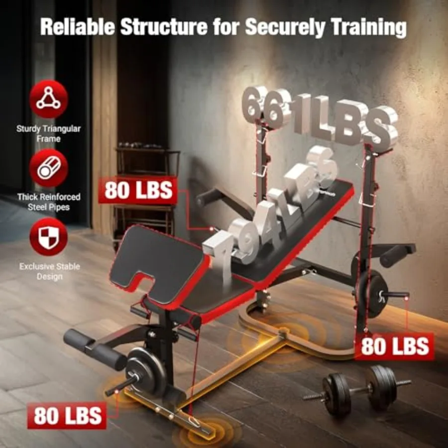 Set Bangku Angkat Beban Lipat 6-in-1 dengan Kapasitas 1695LBS untuk Gym Rumahan: Bangku Latihan yang Dapat Disesuaikan Dilengkapi Rak Barbel dan Bantalan Curl B