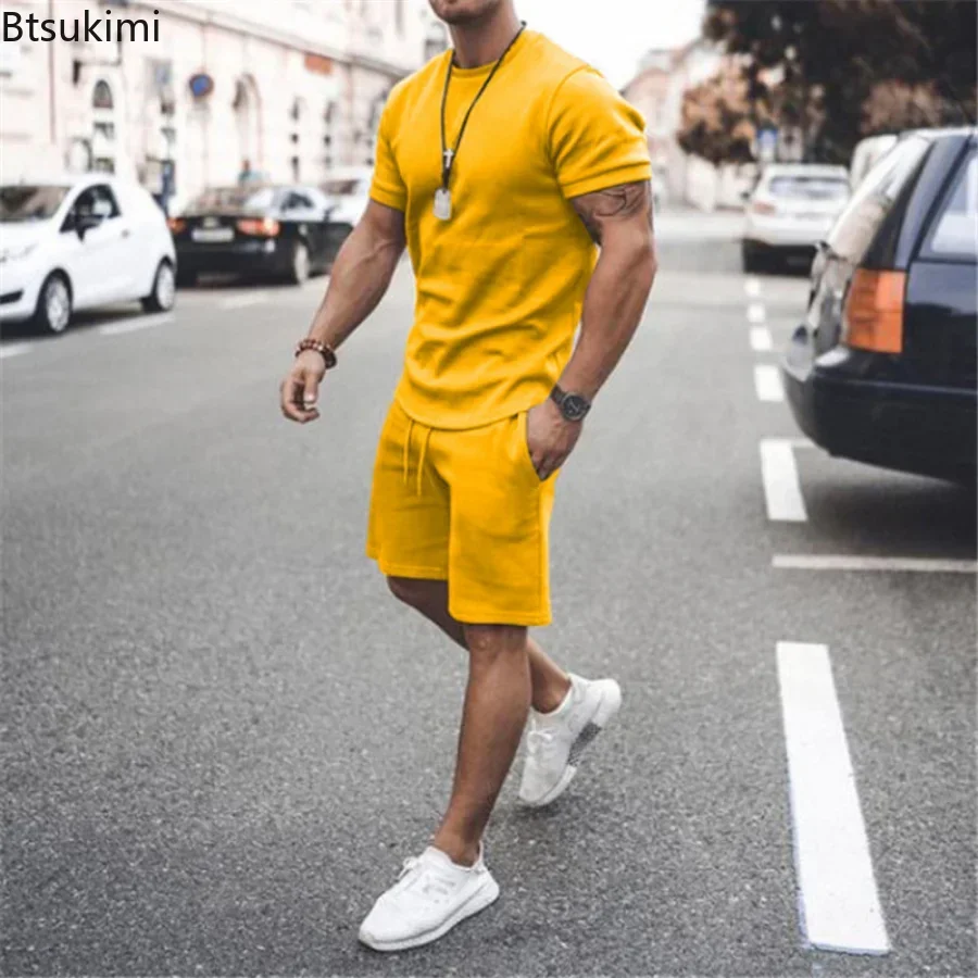 2024 Men\'s Summer 2PCS Casual Sportswear Suit Sets Solid Fitness Loose Tracksuit Sets Male Short Sleeved Shirts and Shorts Sets