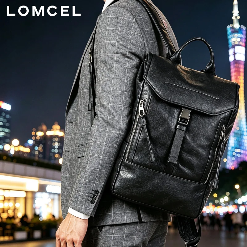 LOMCEL 26 Men's double-shoulder bag - new leather model for business and commuting. Full-grain leather, large capacity, trendy