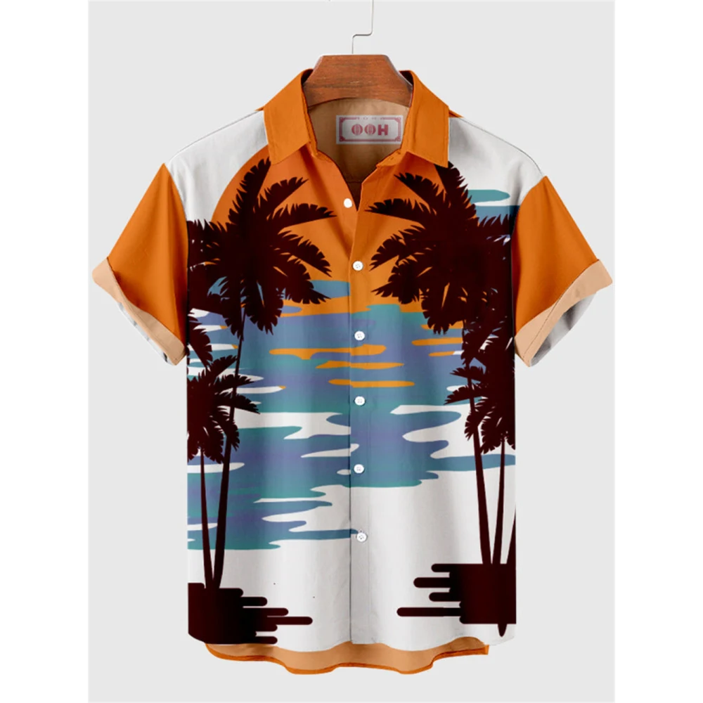 

Hawaiian Coconut Tree Sunset Print Shirts Men's Beach Plus Size Lapel Shirts Vacation Shirt Summer Casual Clothing Short Sleeve