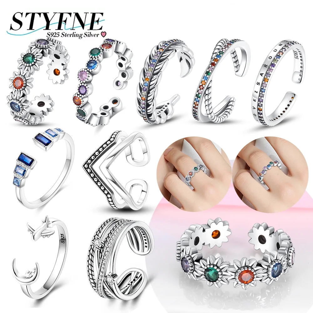 

925 Sterling Silver Unique Colored Zircon Ring Crown Feather Flower Airplane Moon Ring for Women Jewelry Birthday Wedding Gift