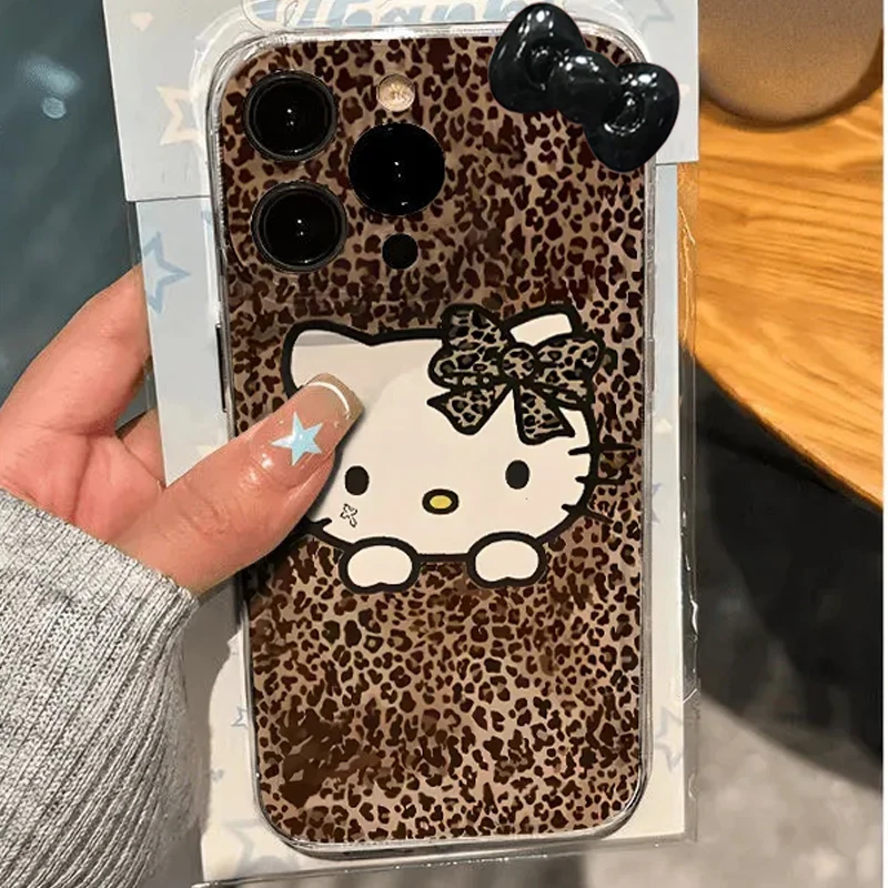 Brown leopard print Hello Kitty Creative Cute Phone Case For iPhone 16 15 14 13 12 11 Pro Max XR XS Max 7 8 Plus Y2K Lucky Cover