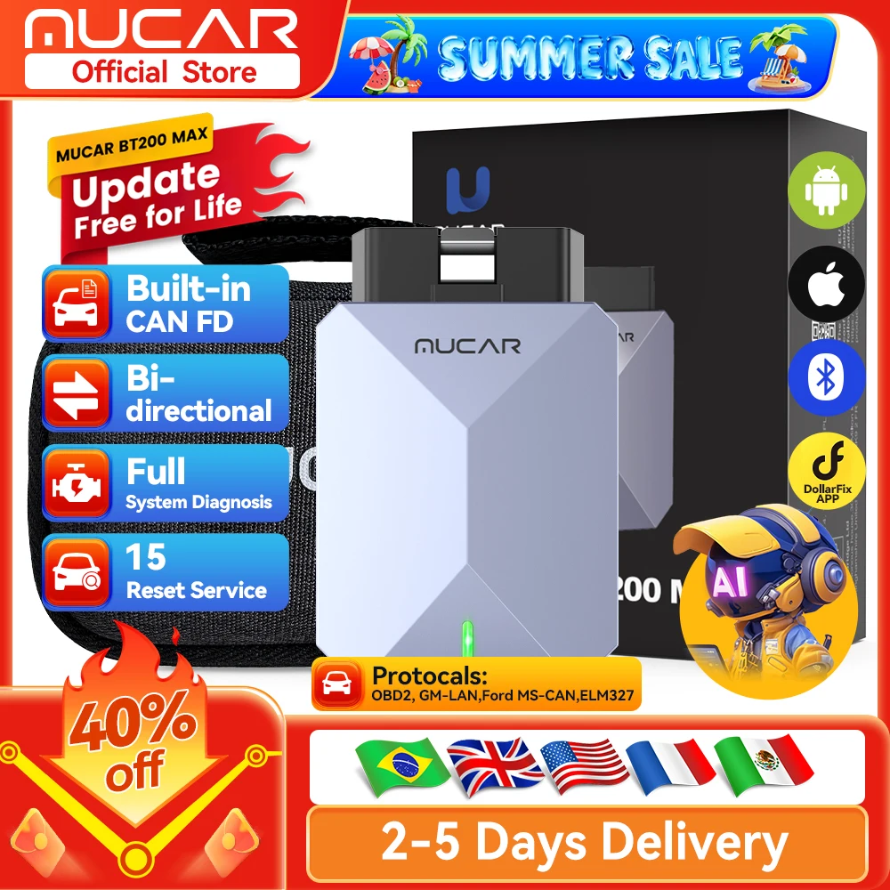 MUCAR BT200 Max OBD2, mise à jour gratuite à vie, Scanner CAN FD, contrôle bidirectionnel, outil de Diagnostic pour tous les systèmes, réinitialisation 15 pour toutes les voitures