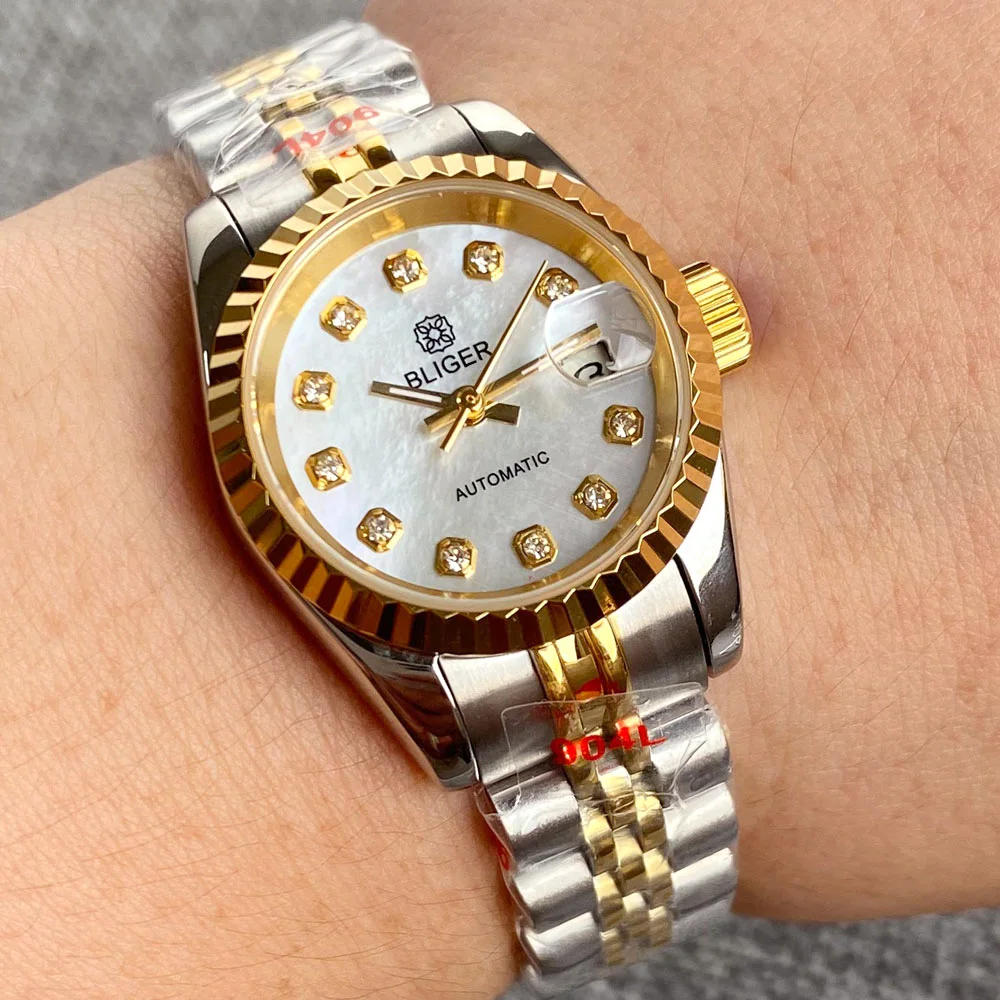 

BLIGER Diamond Index 26mm NH05 Automatic Womens Watch Sapphire Glass Silver Gold Shell Dial Steel Bracelet Ladies Watch