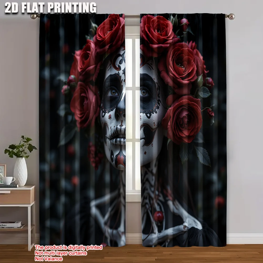 

2pc, Window Curtains Skeleton and Red Rose Versatile 100% Polyester,Without Electricity Festive Wall Decor for Holiday