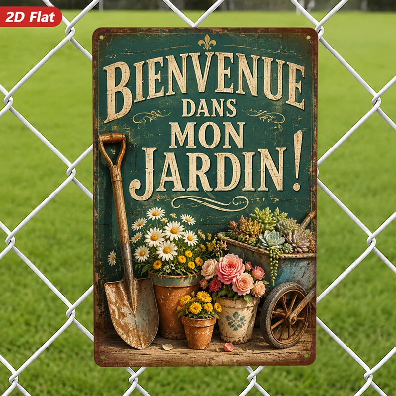 2D Flat, 1pc Vintage Garden Welcome Metal Sign Wall Art, Bienvenue Dans Mon Jardin, Rustic Shovel, Wheelbarrow Planter, Daisy