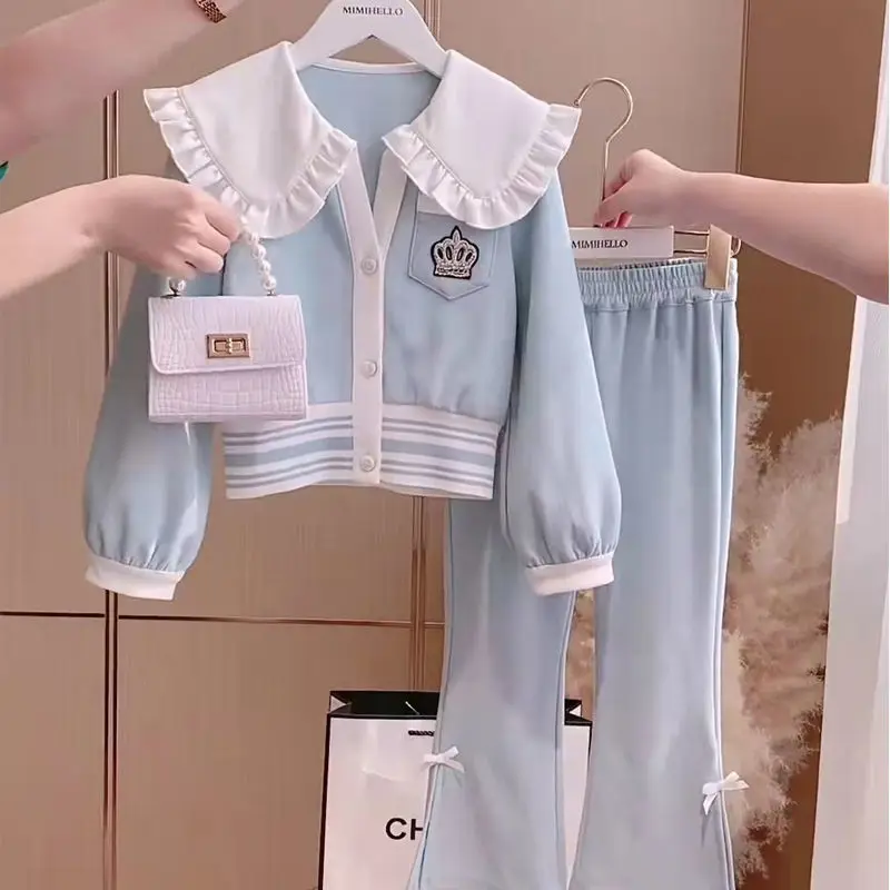 

Children's Clothing Sets Lapel Lace Top + Bell-bottoms Girls Clothes Set 4 To 13 Years Kids Clothes Outfit Set Infant Designer