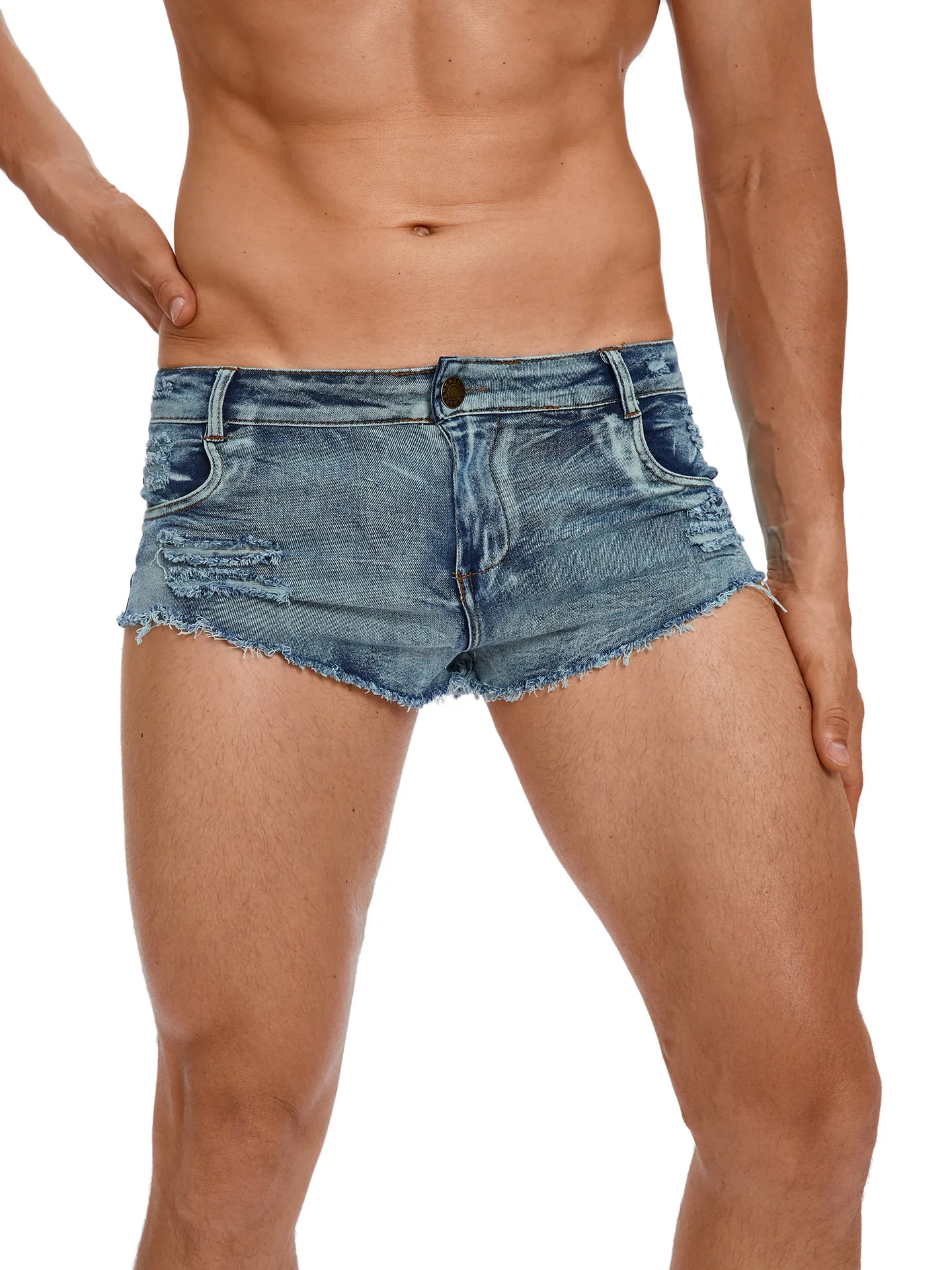 Sexy Low-Waist Slim Fit Men's Denim Shorts Hollow out Design Cotton Summer Fashion Casual Shorts for Date And Sports