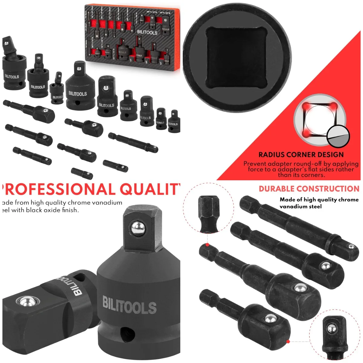 

Socket Adapter Set 17 Piece includes Reducer, Universal Joint Socket Set, Drill Adapter 1/4' 3/8' 1/2'