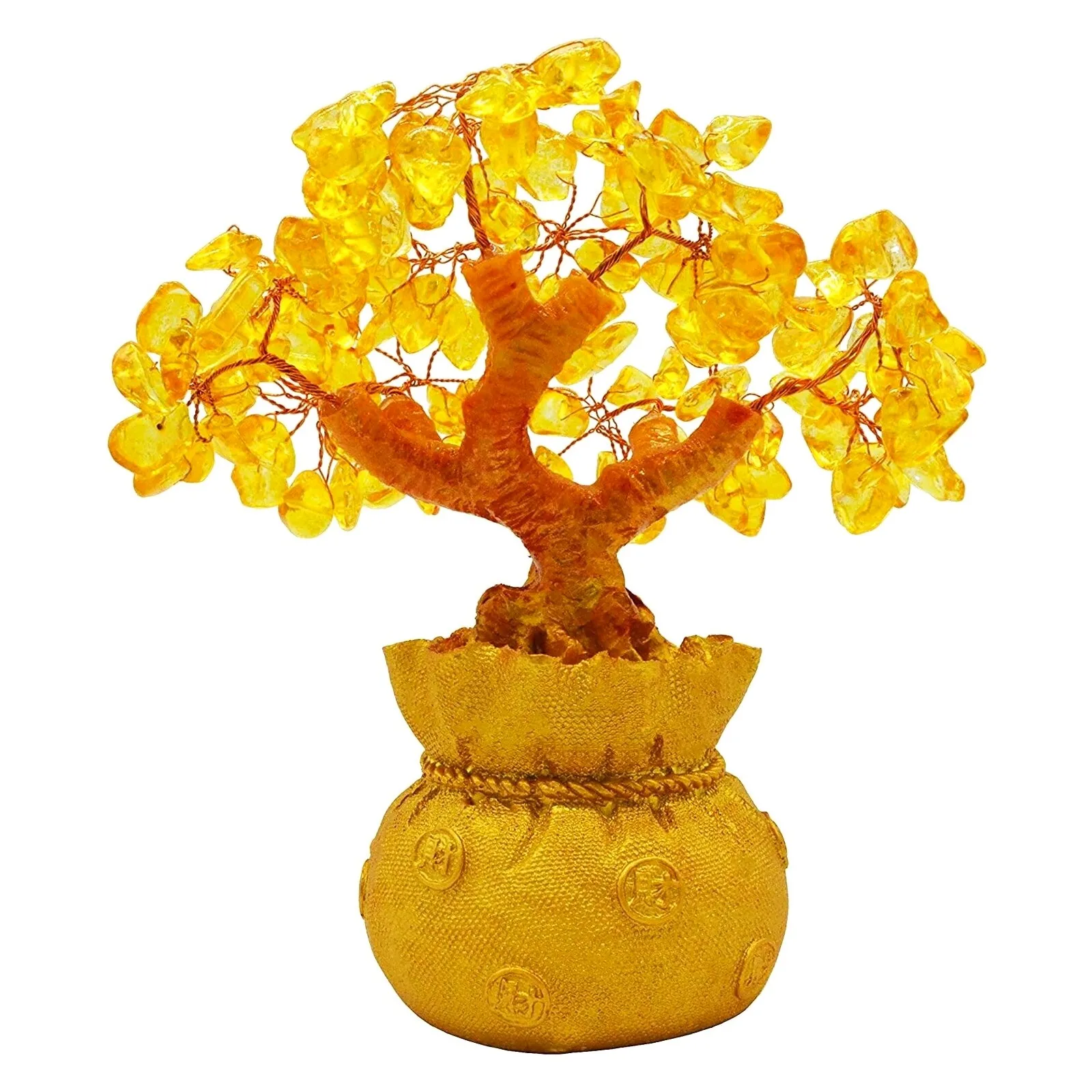 Crystal Money Bag Tree Figurine Yellow Lucky Wealth Tree Lemon Quartz Home Room Decoration Feng Shui Ornaments