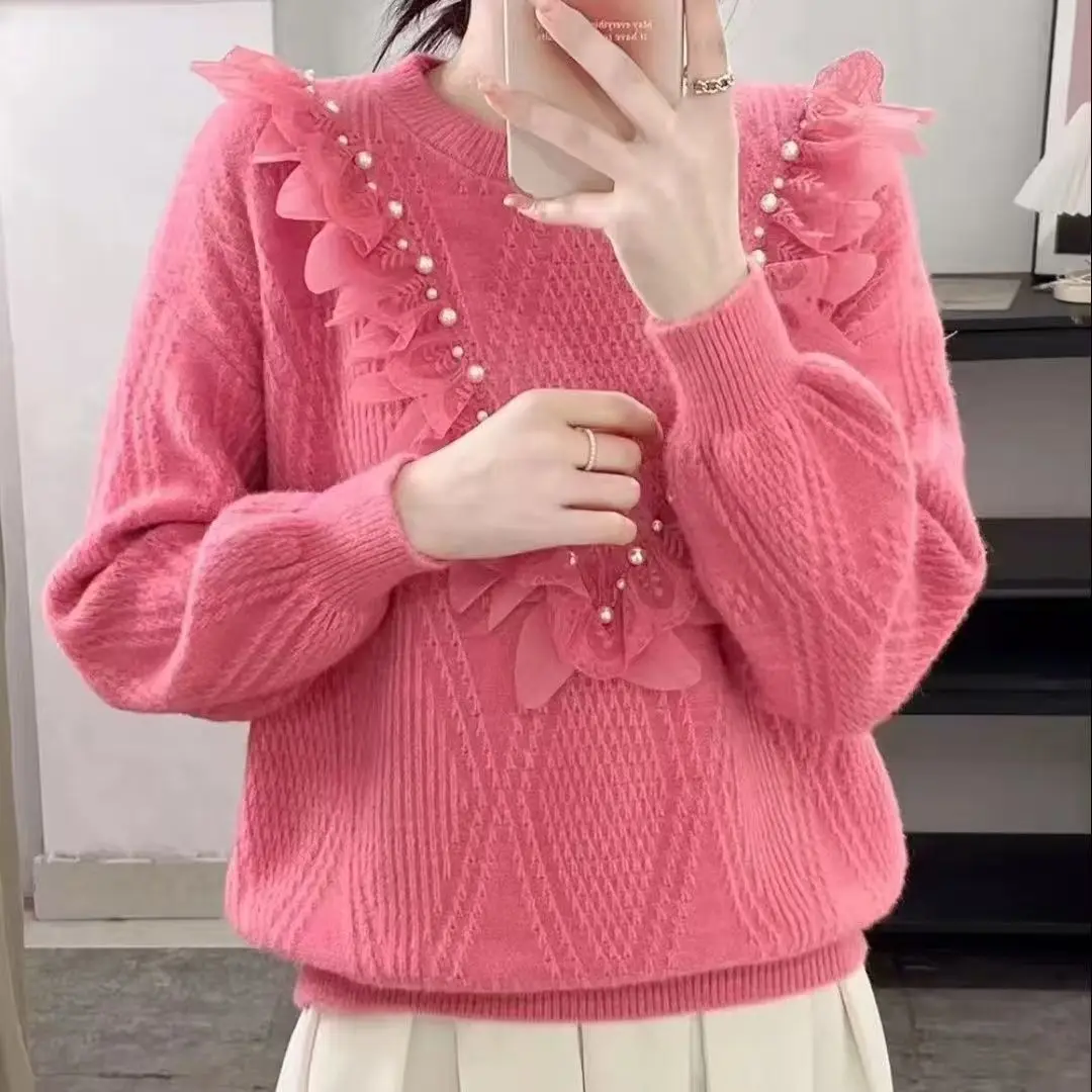 Beaded Ruffle Edge Sweater Women Pullover Autumn Winter 2026 New Long-sleeved Knitted Sweater Bottoming Shirt Female Tops Jumper