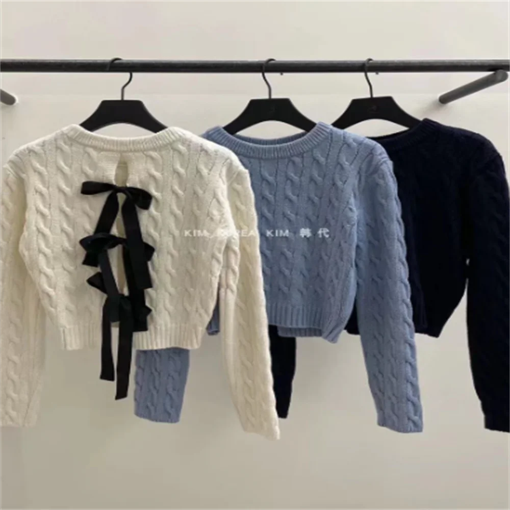 Simple twist short sleeved sweater blouse bow knit top women Forked sweater mujer