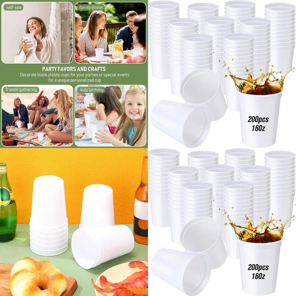 أكواب ملعب قابلة لإعادة الاستخدام سعة 16 أونصة، 200 عبوة، أكواب بلاستيكية بيضاء للمناسبات والأعمال اليدوية، 4.5 × 3.54 × 2.72