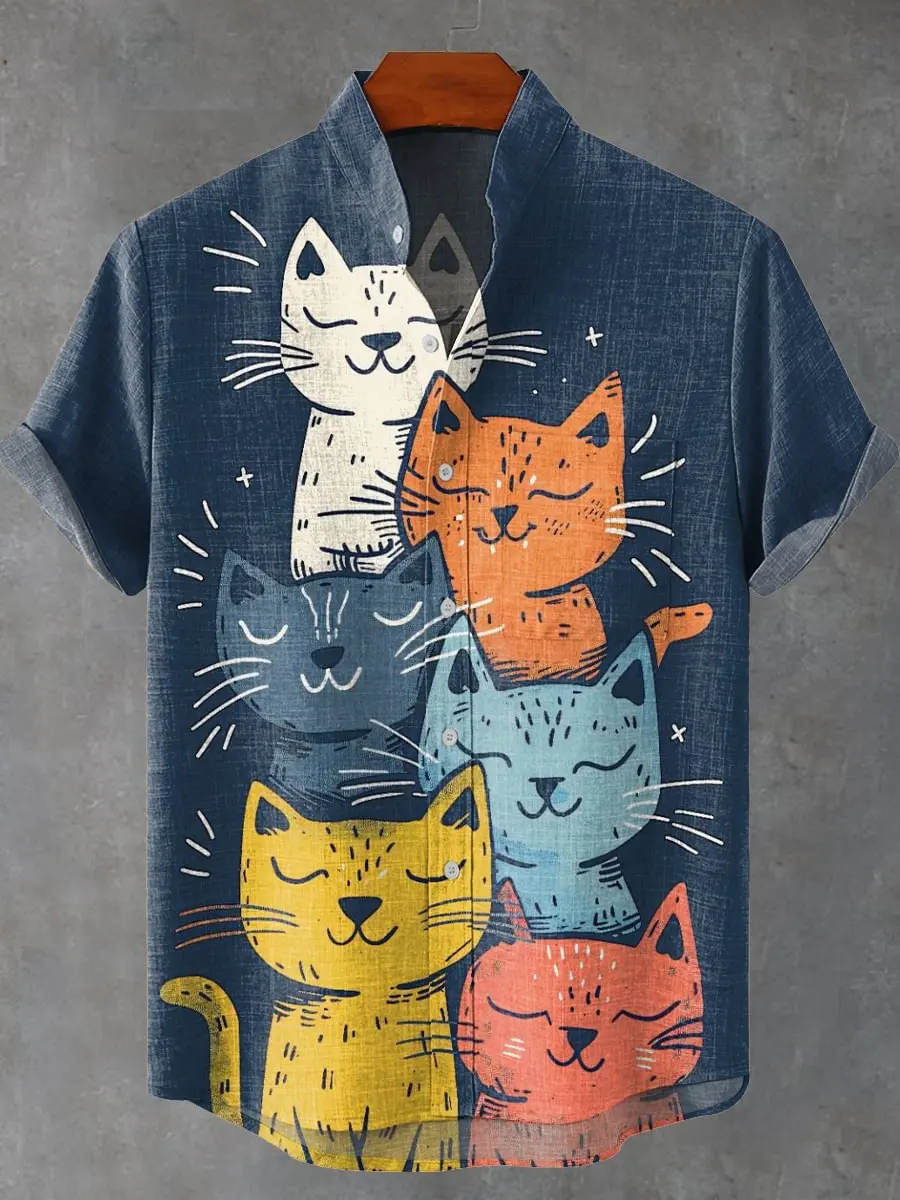 

2025 Men's New Cat Linen Short Sleeve with Summer Comfortable Fabric Button Top Fantasy Cat Pattern Print