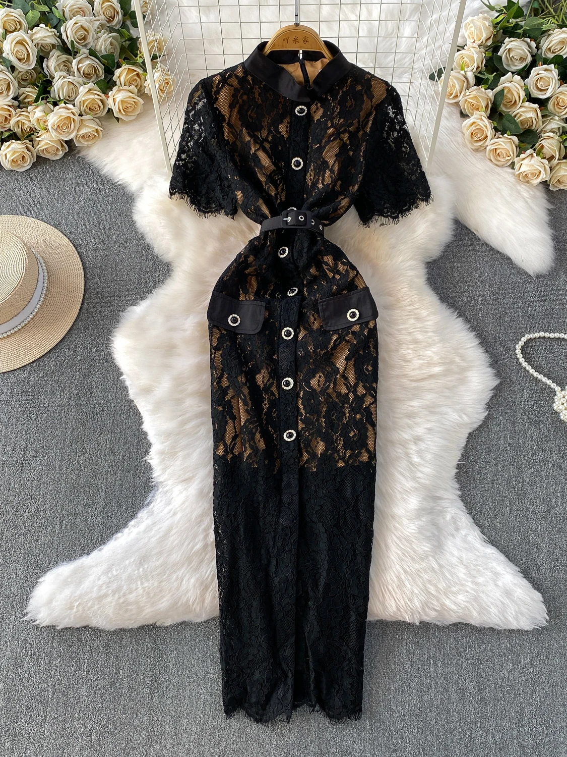 تنورة Ele Lace بقصة ضيقة طويلة Dr للسيدات للخريف بخصر عالٍ وأزرار وياقة واقفة فاخرة تنورة على شكل حرف a من Sle ort Sve