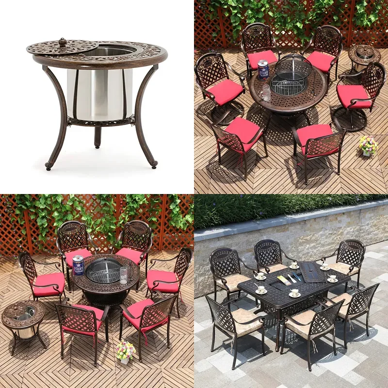 Cast Aluminum Outdoor Dining Set BBQ Grill Table and Chairs for Villa Courtyard Patio Leisure