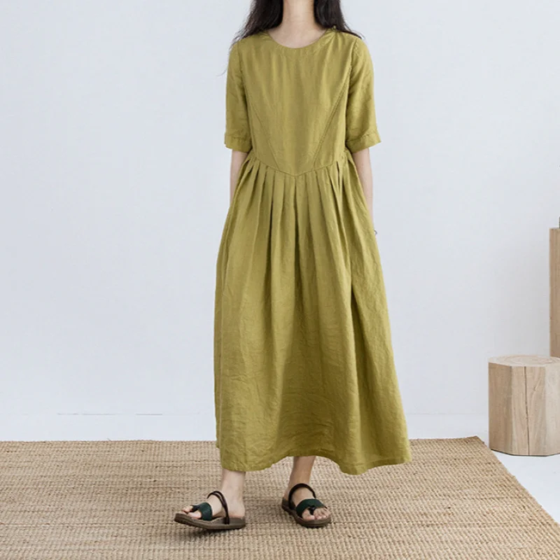 Natural Improved Retro Victoria Series Linen Loose Temperament Short Sleeve Dress