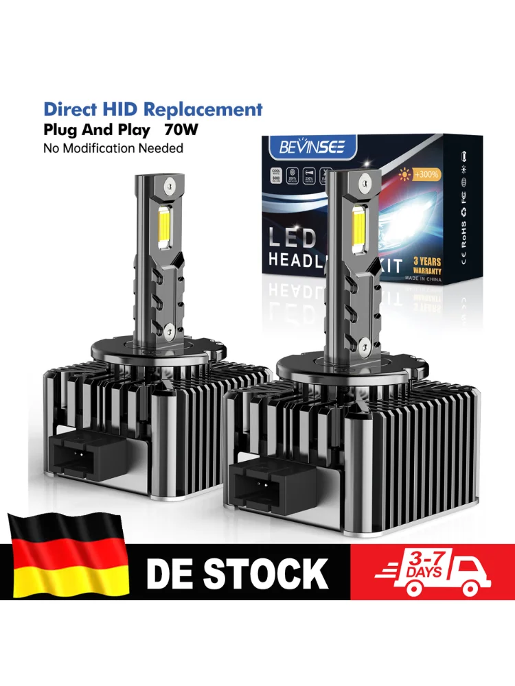 BEVINSEE 2 Stück D1S D1R D3S D3R D2S D2R D5S LED Canbus 70W 7000LM Scheinwerferlampen HID Xenon Direkter Ersatz Autolampe Plug&Play 6000K 12V