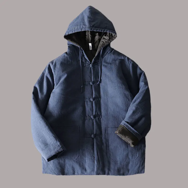 

Mens Hooded Warm Winter Thicken Cotton Padded Jacket Chinese Style buckle Cotton Linen Parka Coat Trench Windbreakers