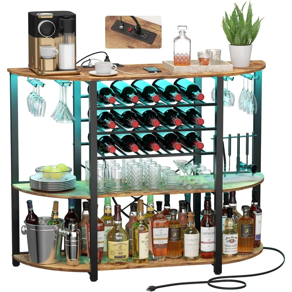 Lifewit Wine Rack Table, Liquor Bar Cabinet with Outlet and LED Light, Freestanding Floor Bar Table with Glass Holder and Wine