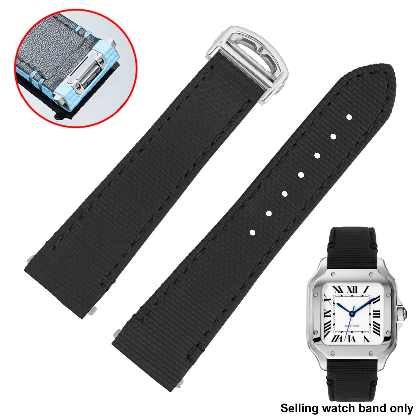 

19mm 21mm FKM Rubber Watch band For Cartier Santos WSSA0009 WSSA0010, Quick Release Replacement Fluororubber Strap Accessories