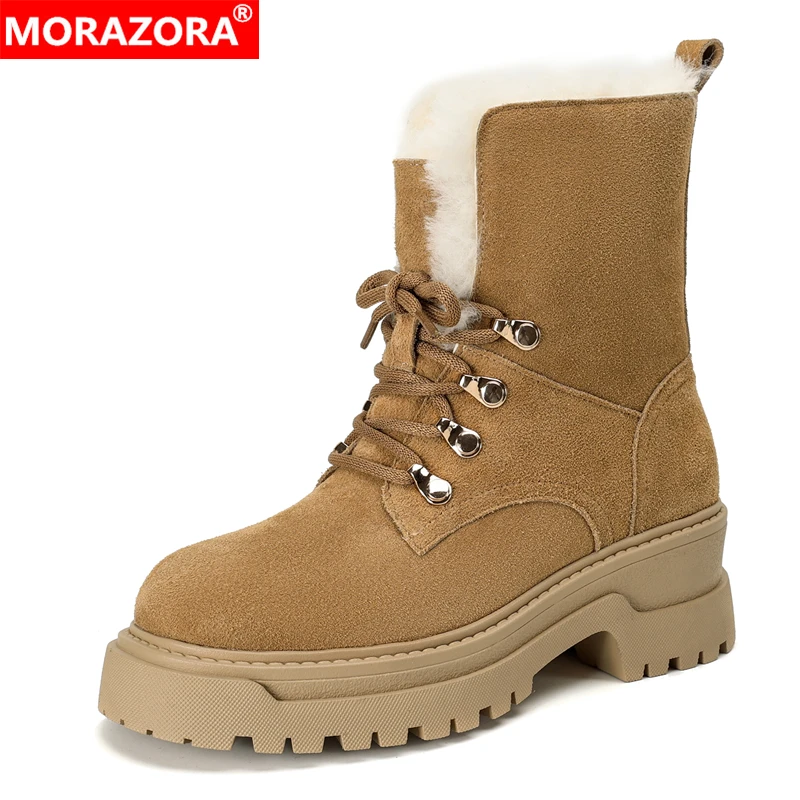 MORAZORA Cow Suede Leather Snow Boots Women Lace Up Round Toe Platform Ankle Boots Nature Wool Warm Winter Boots Ladies Shoes
