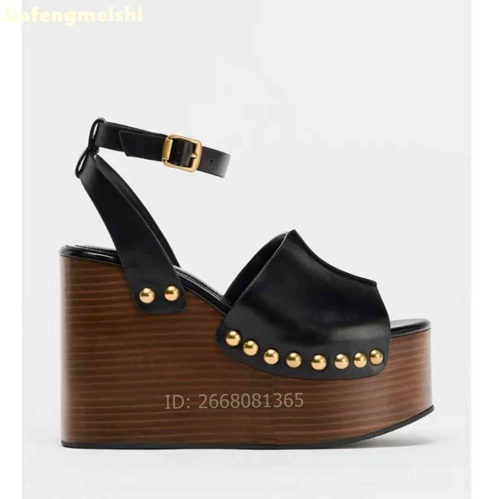 Women Black Leather Rivet Trim Wooden Wedge Heel Platform Sandals Ankle Buckle Open Toe Retro Summer Shoes Size 35-42